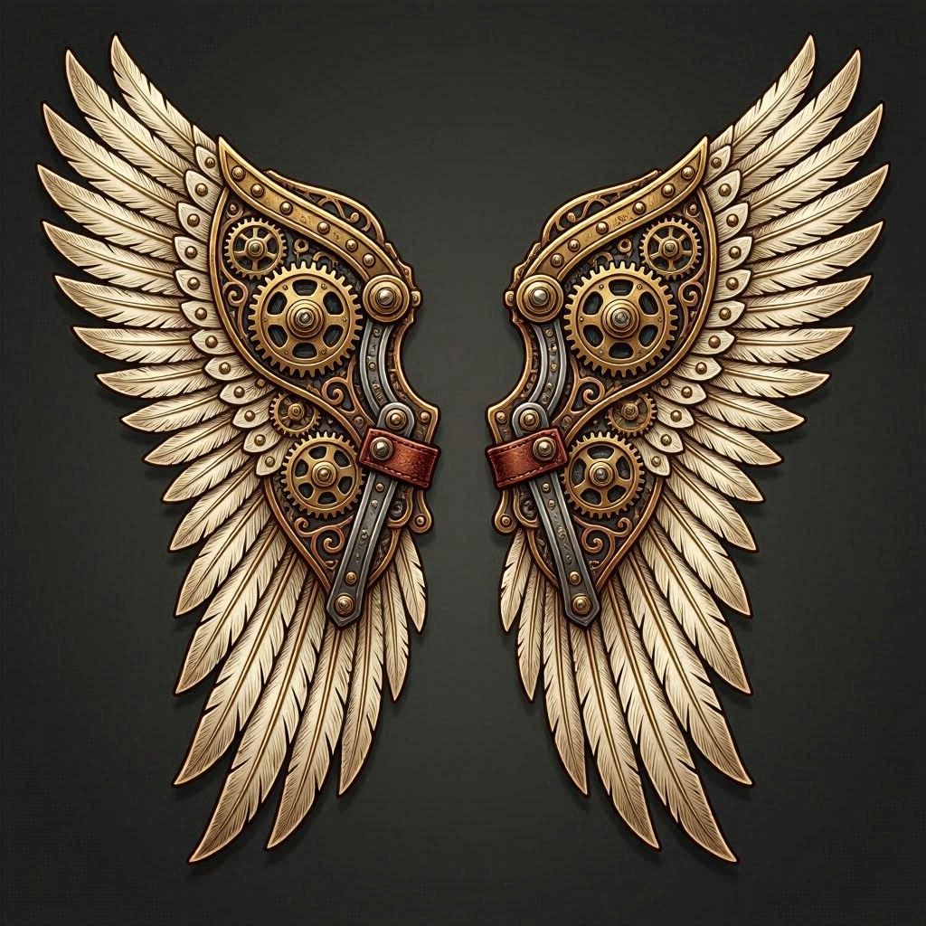Symmetrical mechanical wings blending brass gears with white feather layers, intricate rivets and filigree details, isolated on transparent PNG, steampunk illustration style, warm sepia-toned lighting, high-detail vector rendering.