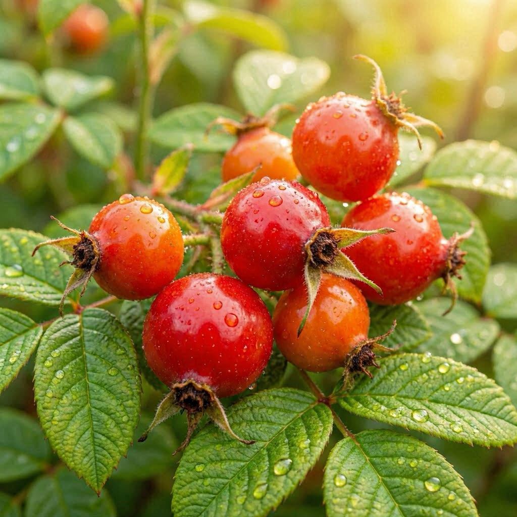 An extreme close-up of fresh rose hips with glossy red skin and delicate dried stems, resting on a bed of dew-speckled green leaves in a morning garden, captured in high-resolution macro photography with shallow depth of field, soft natural backlight, and vibrant complementary reds and greens.