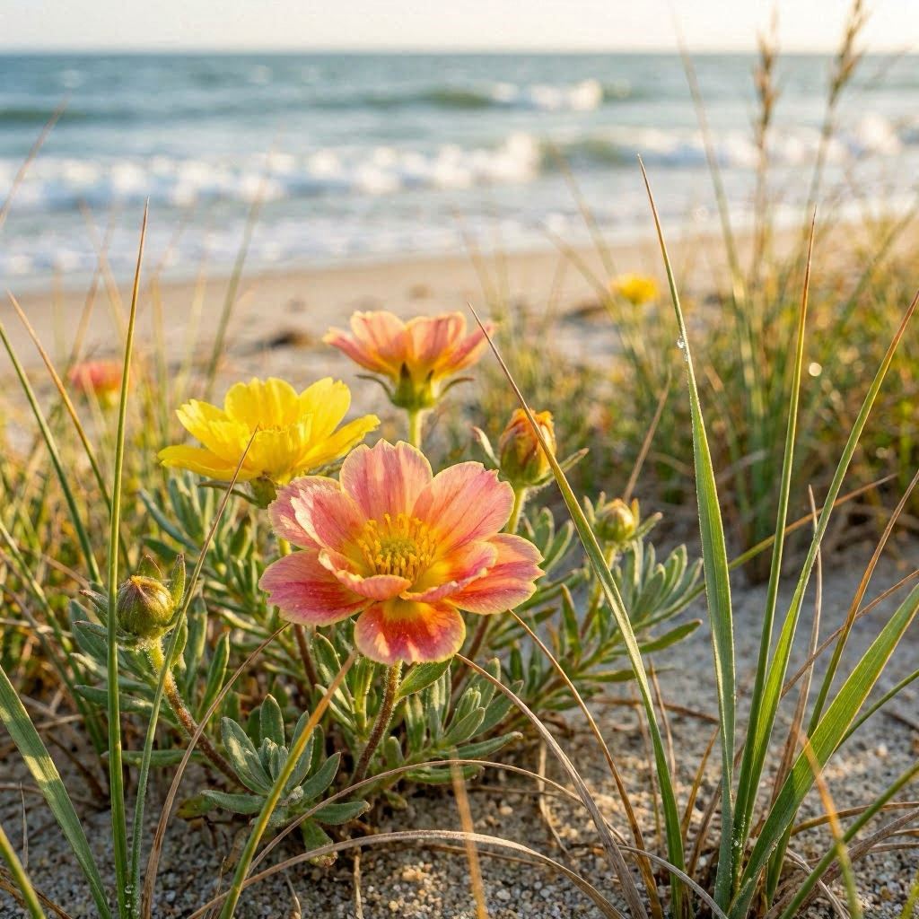 A macro close-up of bright wildflowers growing among Sapelo Island’s dune grasses, blurred ocean waves in the background, golden sunlight highlighting delicate petals, 100mm macro lens with creamy bokeh, vibrant natural color palette.