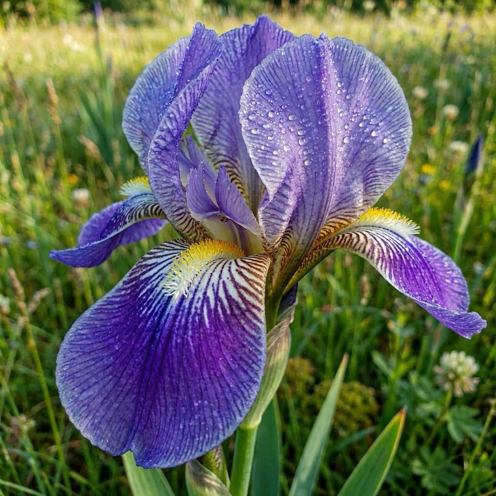 An extreme close-up of a Douglas Iris (Iris douglasiana) with velvety purple petals and delicate white-yellow stripes, set against a softly blurred meadow background, captured in natural morning light, shallow depth of field, 100mm macro lens, rich complementary purples and greens.