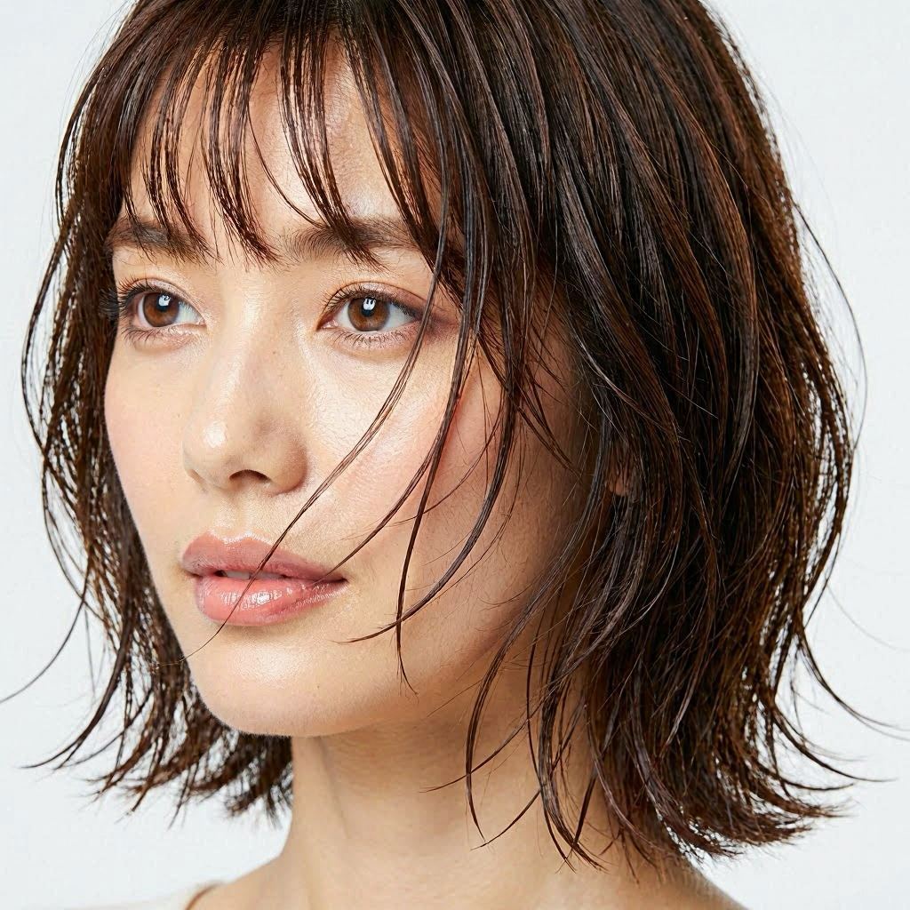 An extreme close-up beauty shot of a glossy medium layered bob with bangs, hair strands sharply detailed, illuminated by high-key studio lighting, macro lens capturing shine and texture with a clean monochromatic background.