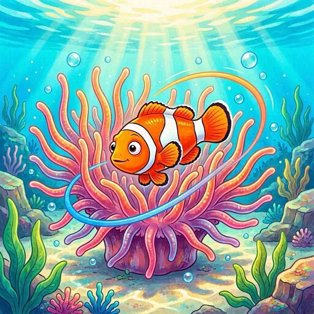 An animated-style depiction of a clownfish weaving playfully through the tentacles of a sea anemone, cartoonish yet detailed, vibrant saturated colors, dynamic motion lines, and cheerful bubble accents, framed in a whimsical undersea setting.